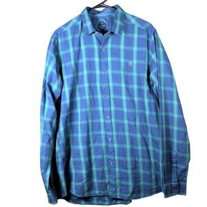 Kani Rush Mens Shirt Blue Green Plaid Button Down 100% Cotton Long Sleeve Large